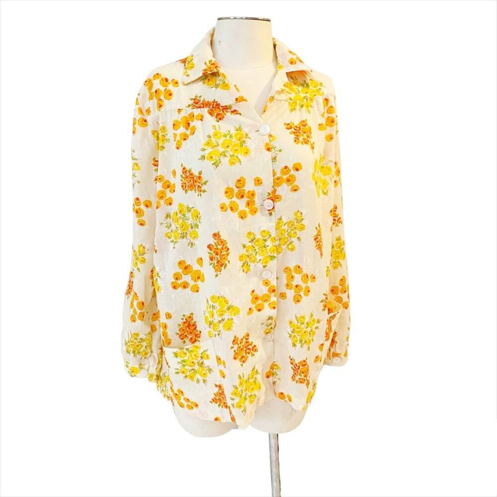Vintage Cream Mustard Orange Lightweight Woven Longsleeve Button-Down Apron Top
